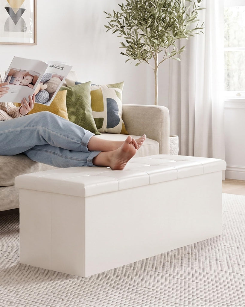 Folding Storage Ottoman Bench with Tray, Beige Faux Leather