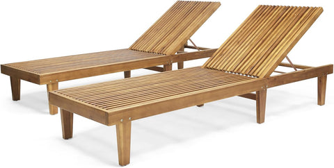 Nadine Set of 2 Outdoor Patio Wood Adjustable Chaise Lounges, Acacia Wood Poolside Sun Lounger Set