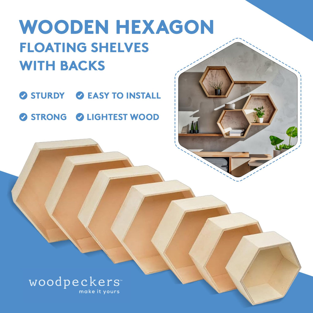 Wooden Hexagon Floating Shelves with Backs, 5 Sets of 7, Unfinished for Crafts and DIY Wall Décor: Modern