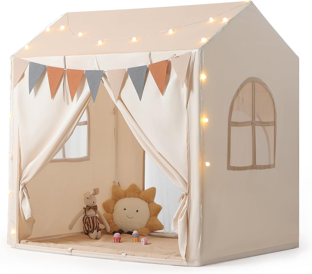 Kids Play Tent with Eave, Toddler Tent 2 in 1 with Padded Mat and Lights, Large Playhouse with 2 Doors & 2 Windows