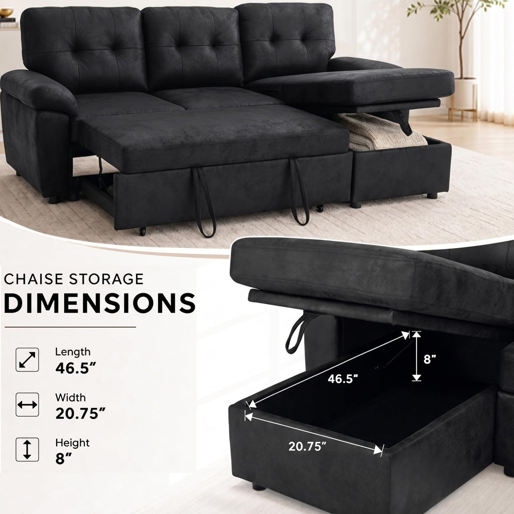 88.5" Convertible Sofa Bed with Storage Chaise, L-Shaped Sectional Sleeper Sofa with Reversible Chaise, Faux Leather