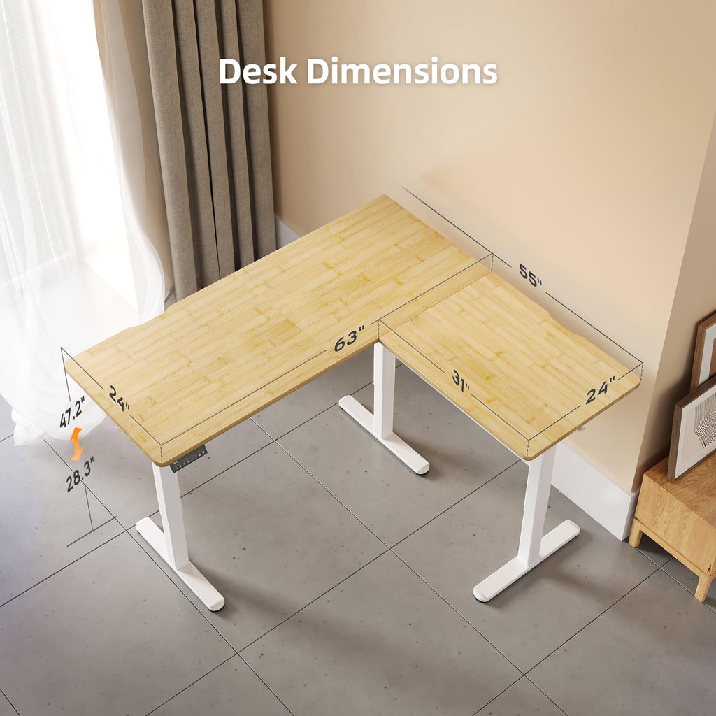 63''*55'' L Shaped Standing Desk Adjustable Height, Bamboo