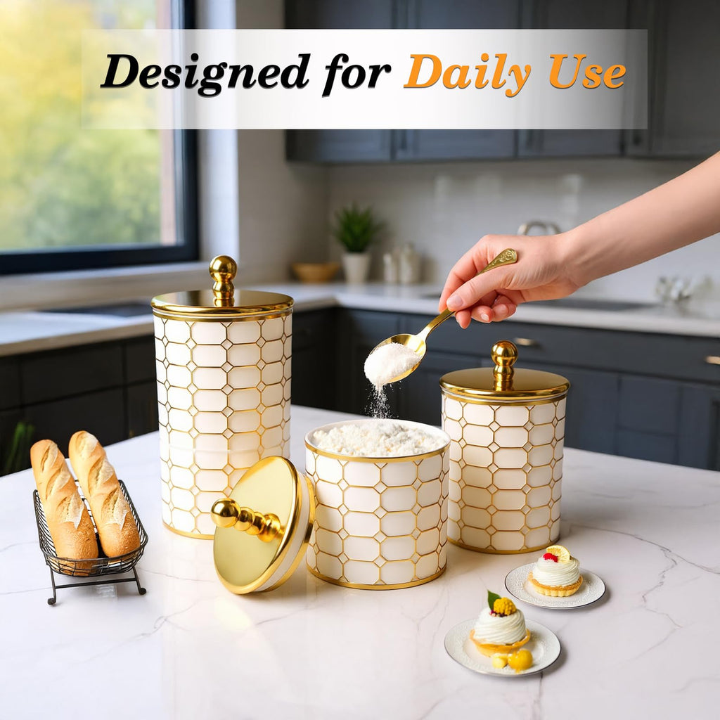 3 Piece Plastic Canister Sets, Sugar Container for Coffee Bar, Airtight Kitchen Counter Storage, Farmhouse Decor(Flat