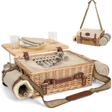 Multifunctional Wicker Picnic Basket Set for 2 with Blanket and Picnic Table, Insulated Picnic Set with Full