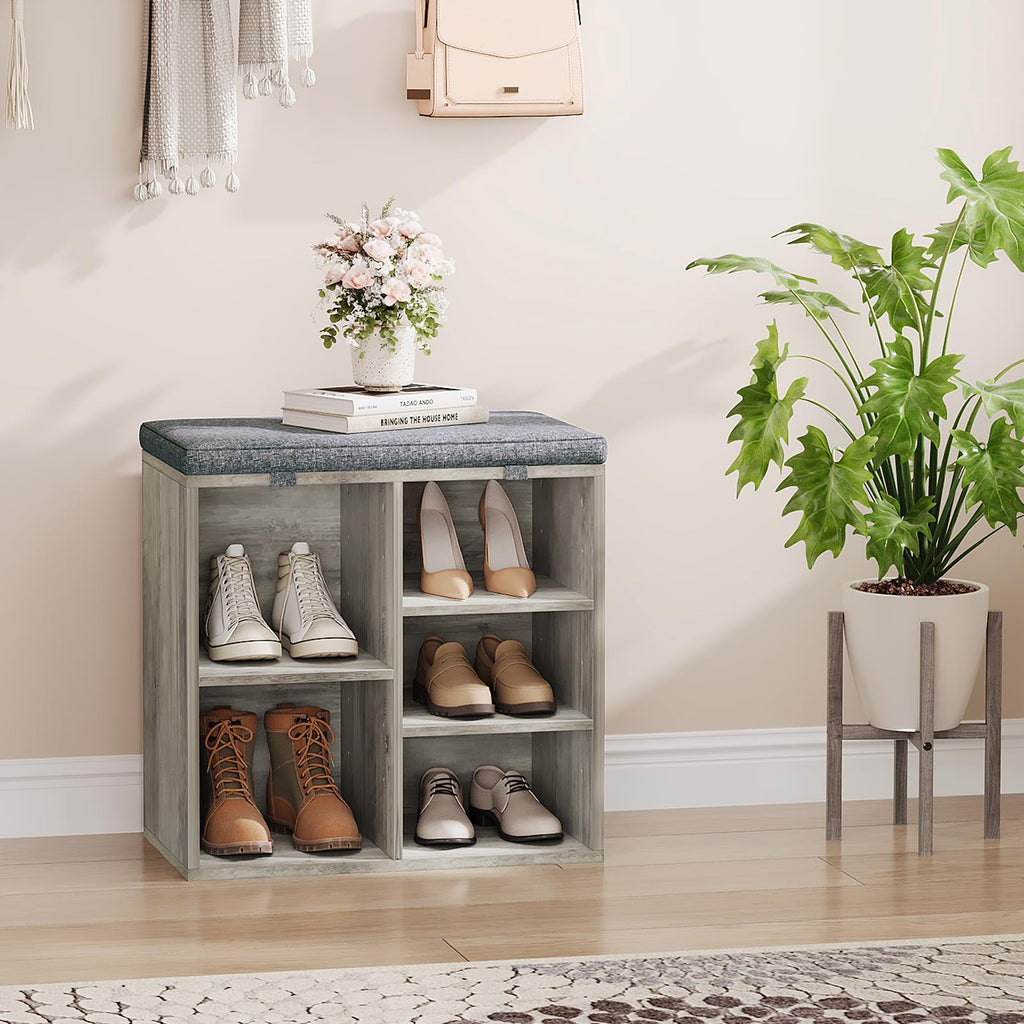 Shoe Bench with Padded Seat, 20'' Shoe Storage Bench with Adjustable Shelves & Side Pockets, 5 Cubes Storage