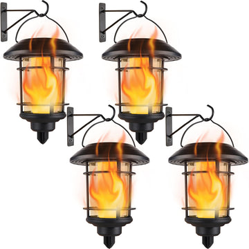 4 Pack Solar Flame Wall Lanterns Outdoor, Solar Powered Wall Mounted Sconce Lights, Flickering Flame LED Light Auto