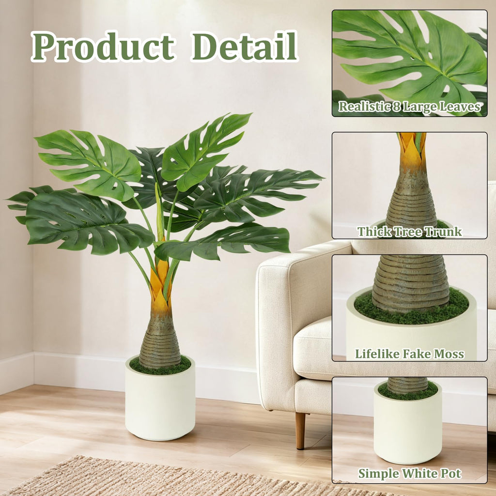 Artificial Monstera Deliciosa Plant 34'' Fake Tropical Tree with White Pot
