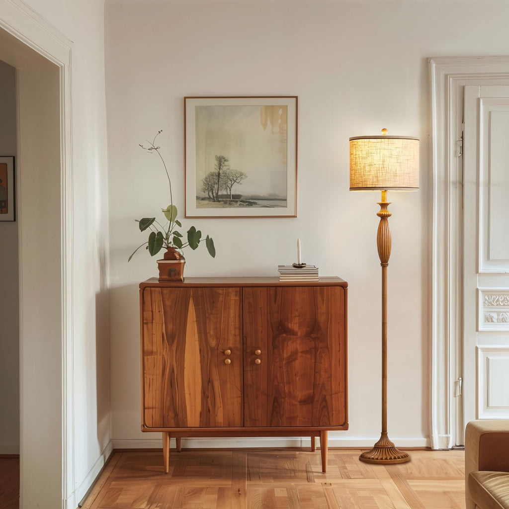 Vintage Floor Lamp, Rustic Standing Lamp with Linen Shade, Light Wood Grain