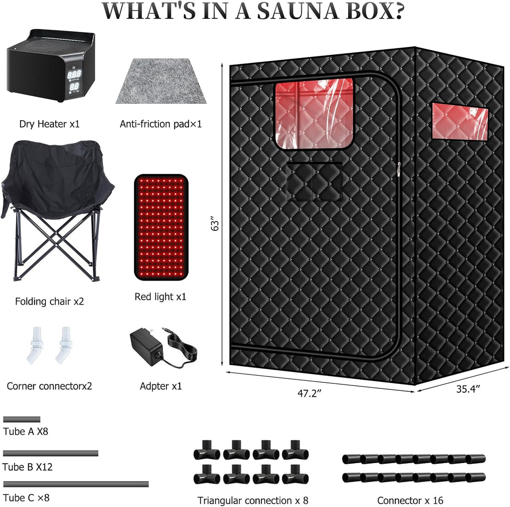 Upgraded Hot Air Sauna, 1 or 2 Person Sauna Tent, 1500W & 159°F Portable Dry Wind Saunas, with 660nm Red Light