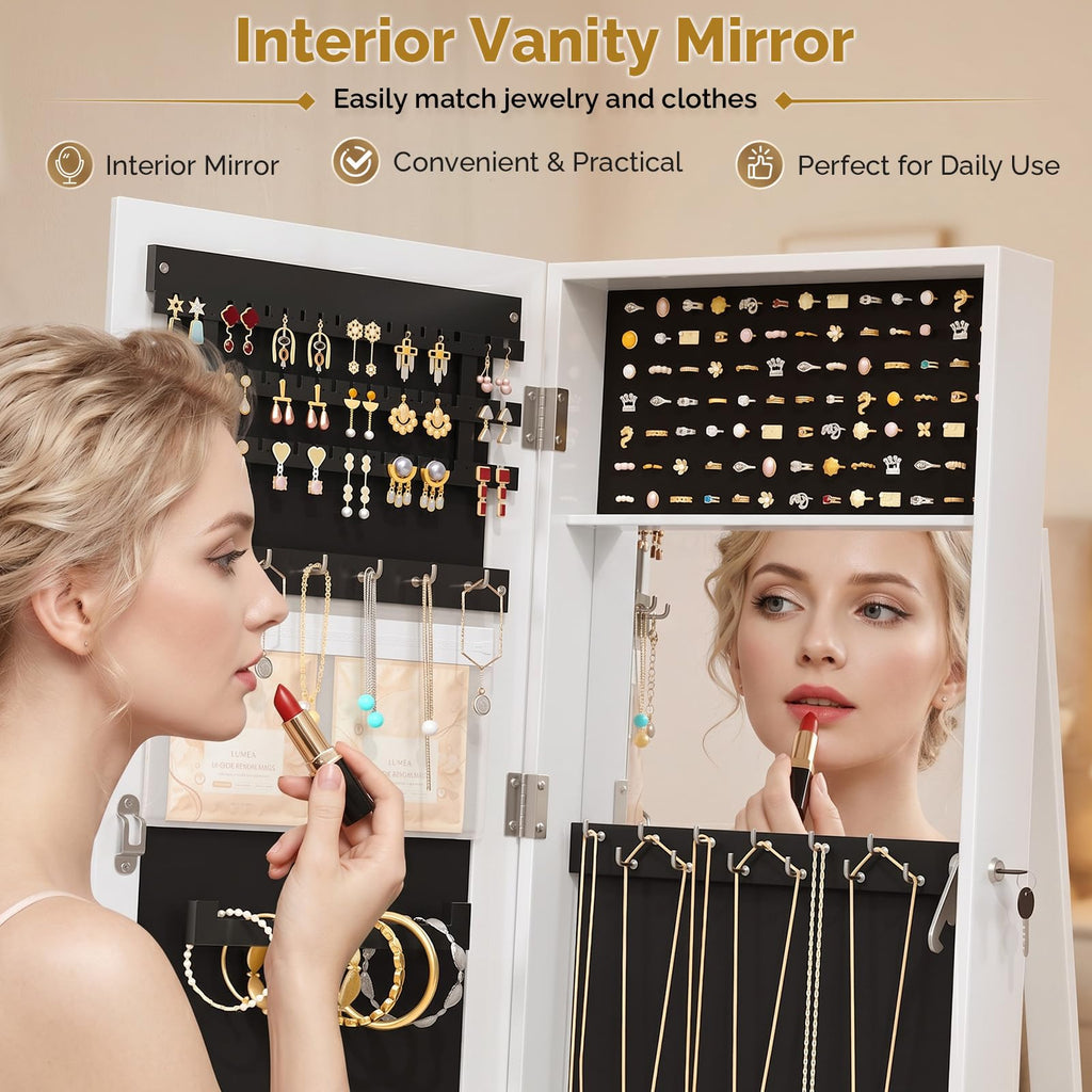 360° Swivel Jewelry Mirror Cabinet with Inside Makeup Mirror, Full Length Mirror with Jewelry Storage, Lockable