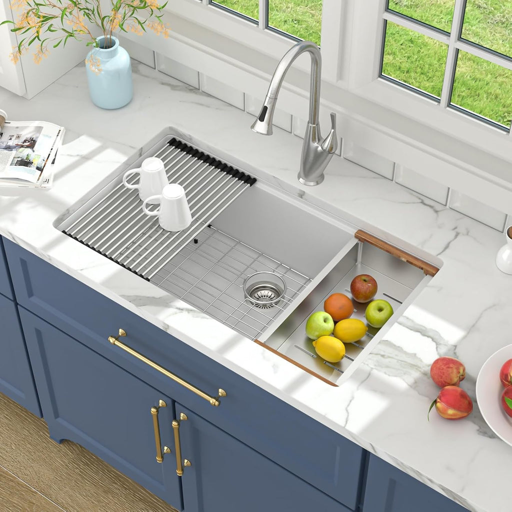 33 Inch White Kitchen Sink Undermount Composite Granite Quartz Single Bowl Workstation 33x19x10 Inch Under Counter