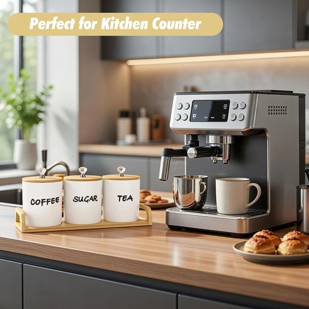 Coffee Tea Sugar Container,Farmhouse Storage Containers Jars,Airtight Ceramic Kitchen Canister Set - Set of 3
