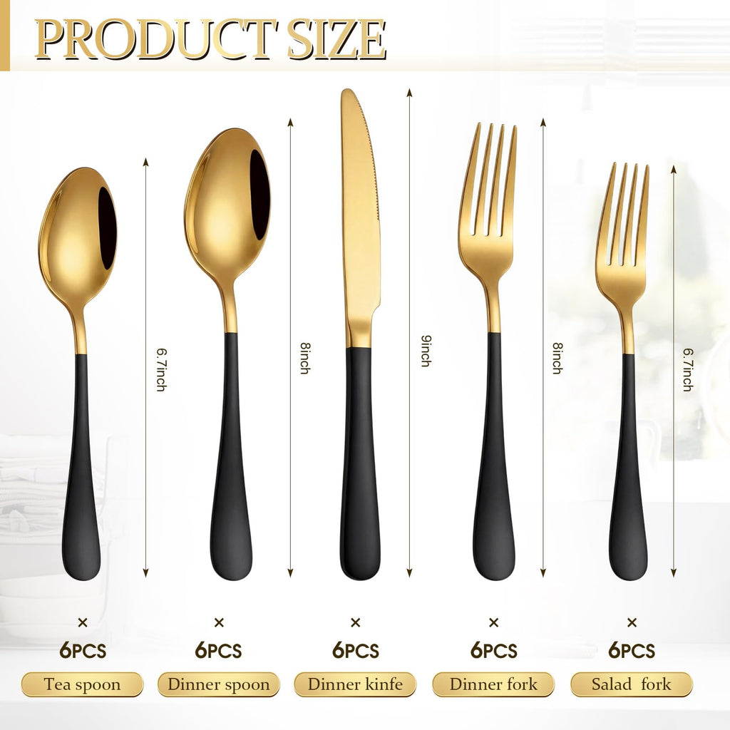 30 Pcs Gold and Black Silverware Set Stainless Steel for 6 Guest