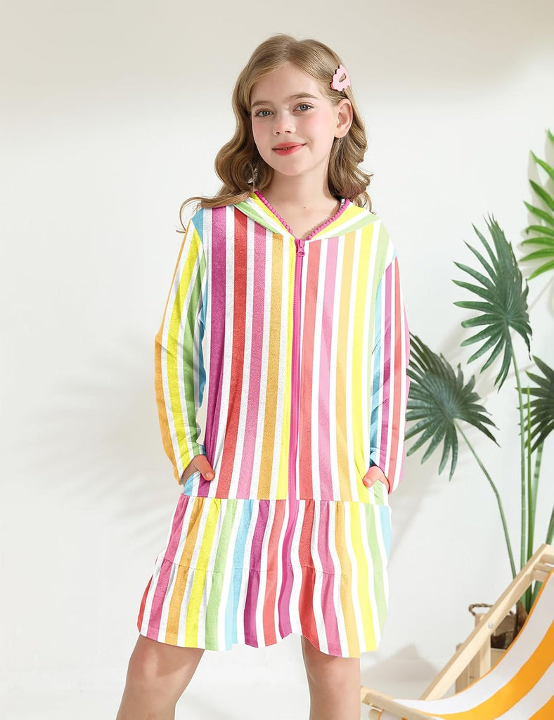 Girls Swim Cover Up Kids Long Sleeve Swimsuit Coverup Terry Beach Pool Clothes with Sunglasses