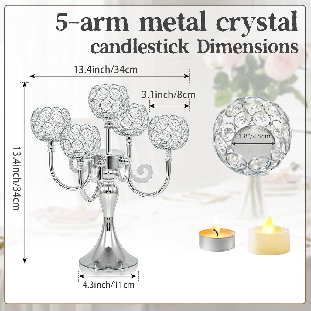 5 Arm Metal Crystal Candelabra Centerpiece - 13.4 Inch Elegant Candle Holder with Crystal Beadsable Decoration (4