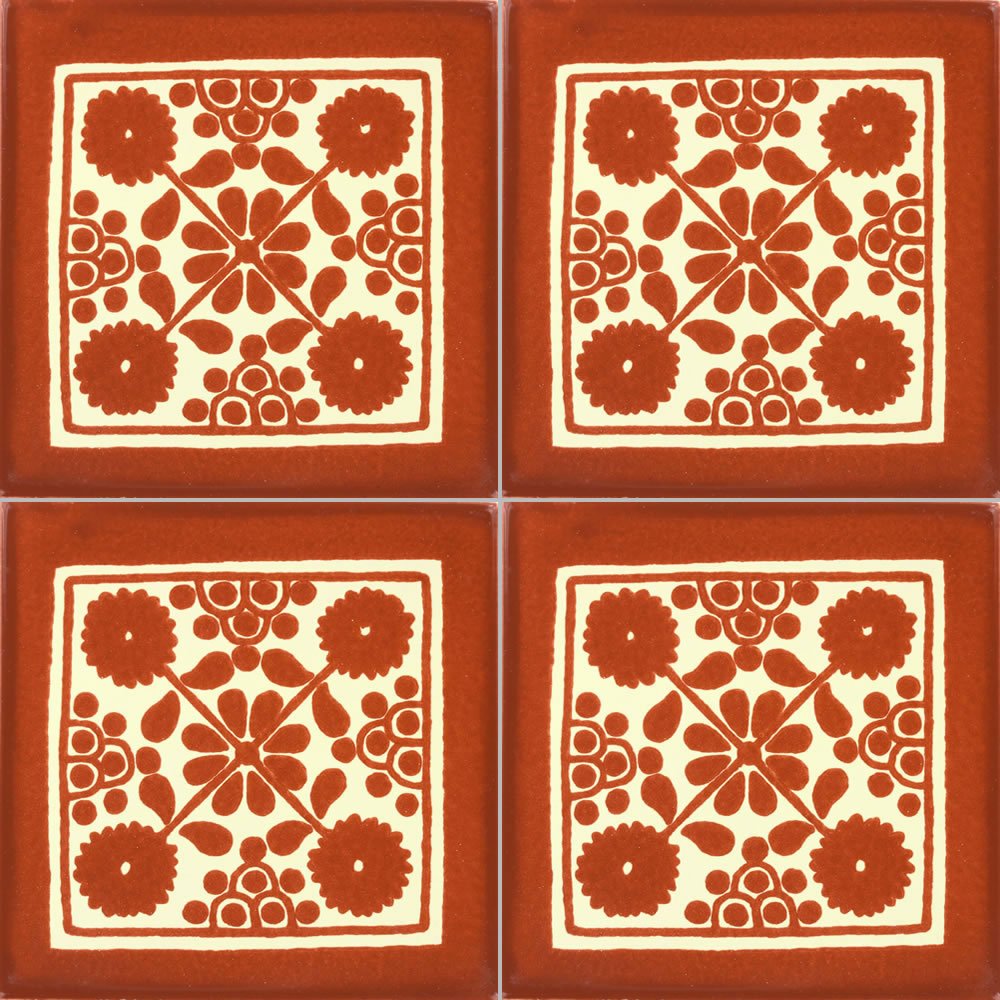 Box of 9-41⁄4 x 41⁄4 Terra Cotta Damasco - Talavera Mexican Ceramic Tiles