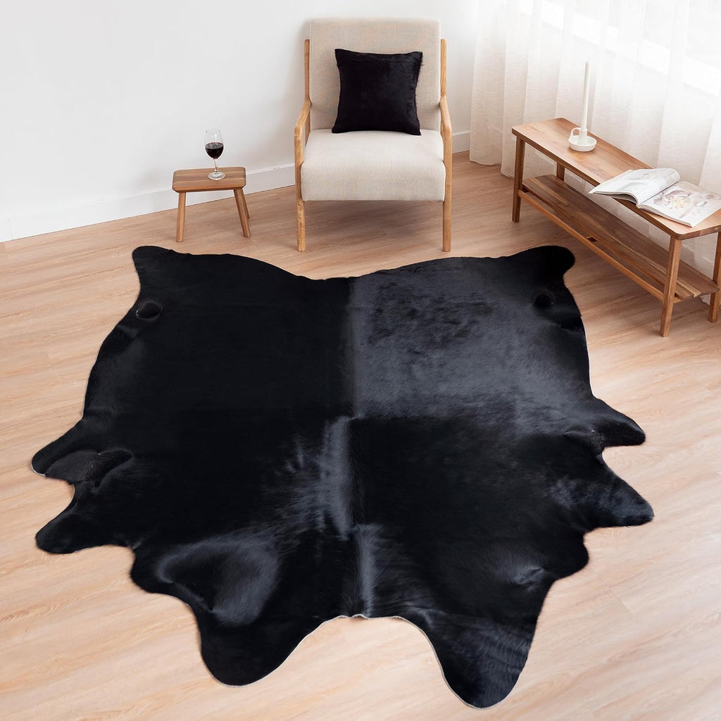 100% Genuine Brazilian Cowhide Rug - Black Natural - Luxury Cowskin Leather Area Rug Décor 7 x 6 feet