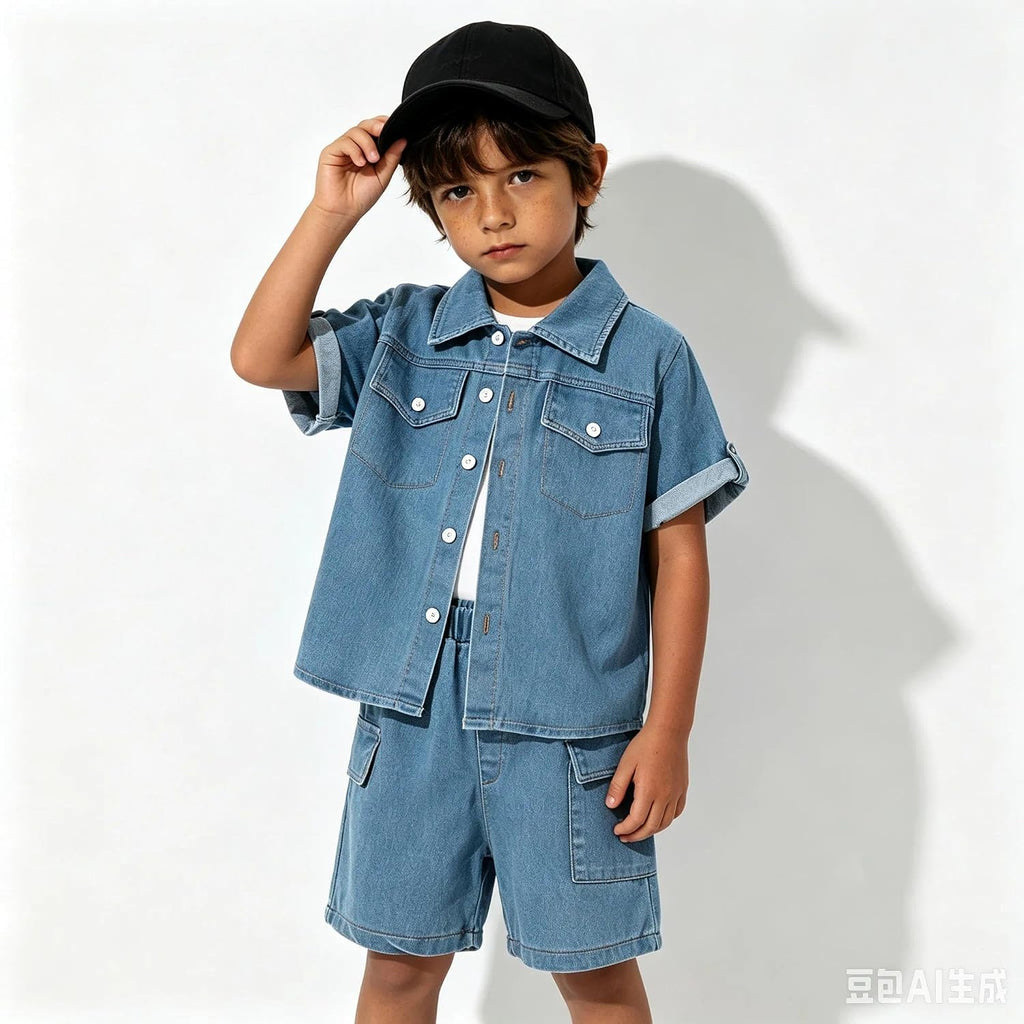 Klyatpxen 2Pcs Toddler Boys Denim Outfit Short Sleeve Button Up Jean Jacket Denim Shorts Summer Spring Clothing Set