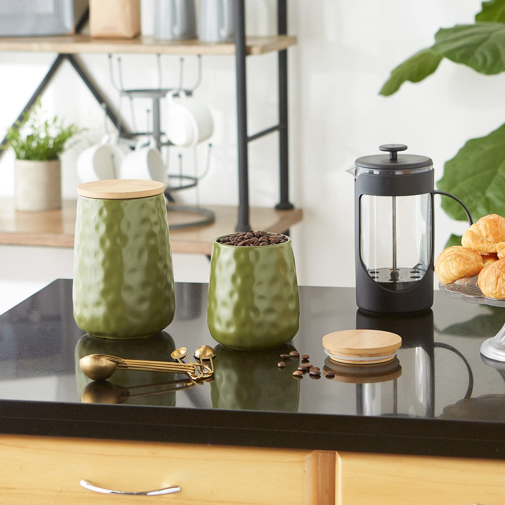 Kitchen Accessories Collection, Textured Matte Ceramic Canister Set, Sage, Dimple, 2 Piece