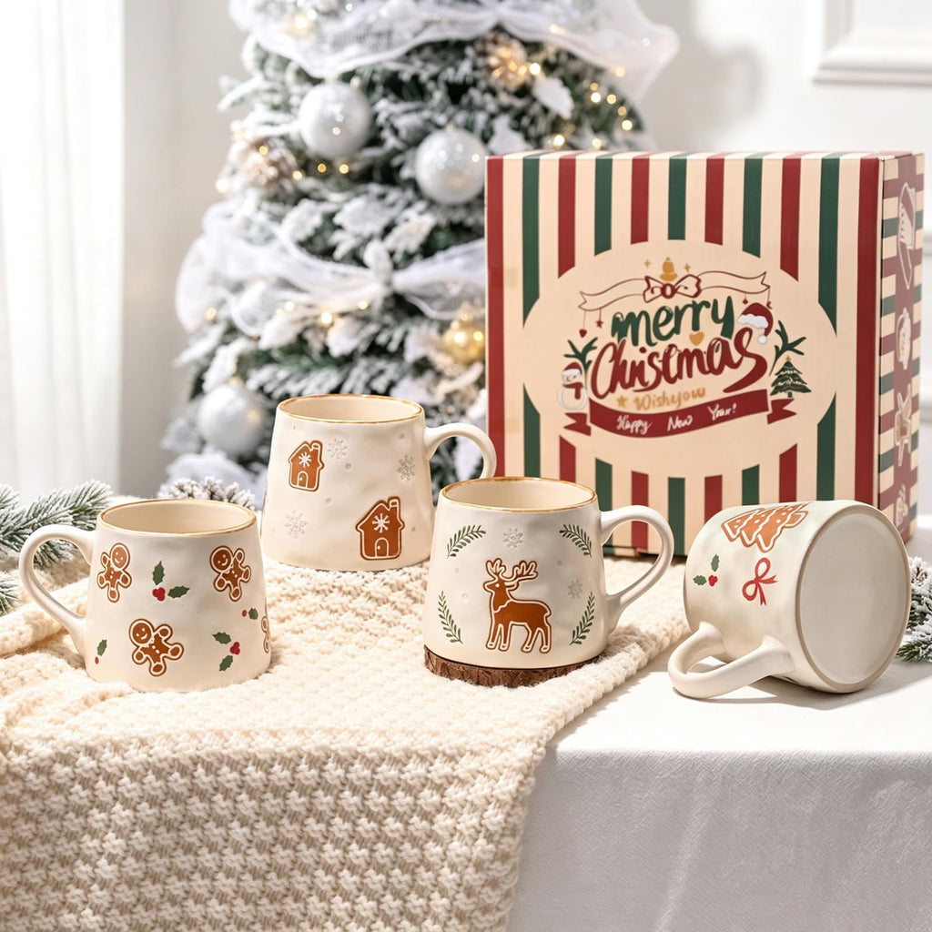 4Pcs Christmas Mugs, 14oz Ceramic Gingerbread Coffee Gift Set