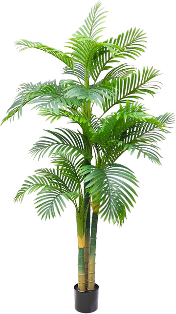 7FT Fake Palm Trees, Artificial Golden Cane Palm Tree 84IN, Green Large Tropical Palm Fake Plant in Pot for Indoor