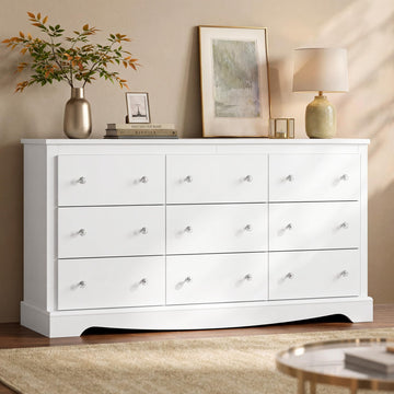 63" Dresser, Modern 9 Drawer Dresser with Exclusive Anti-Tip Structure, Large Wooden Chest of Drawers with Metal