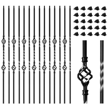16 Pack Wrought Iron Balusters for Staircase Interior, 1/2" x 44" Hollow Deck Spindles Stair Railing Indoor with 32