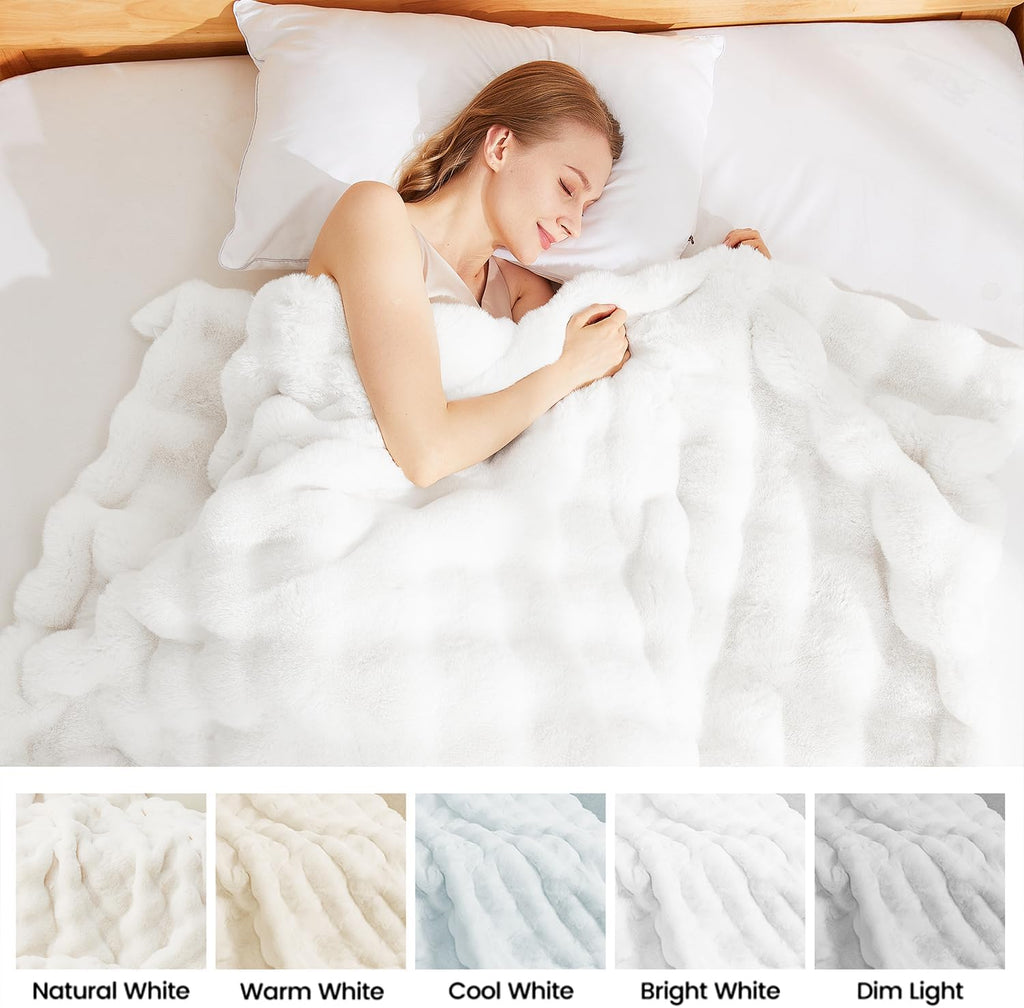 White Faux Fur King Cozy Bubble Blanket Soft Fuzzy Thick Living Room Blankets for Bed Sofa Bedroom Plush Fluffy Warm