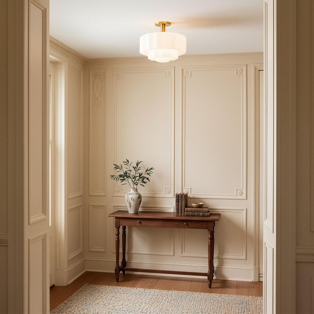 Milk Glass Ceiling Light Fixture - 13.7'' Antique Gold Semi-Flush Mount Ceiling Light for Bedroom, Foyer, Living Room