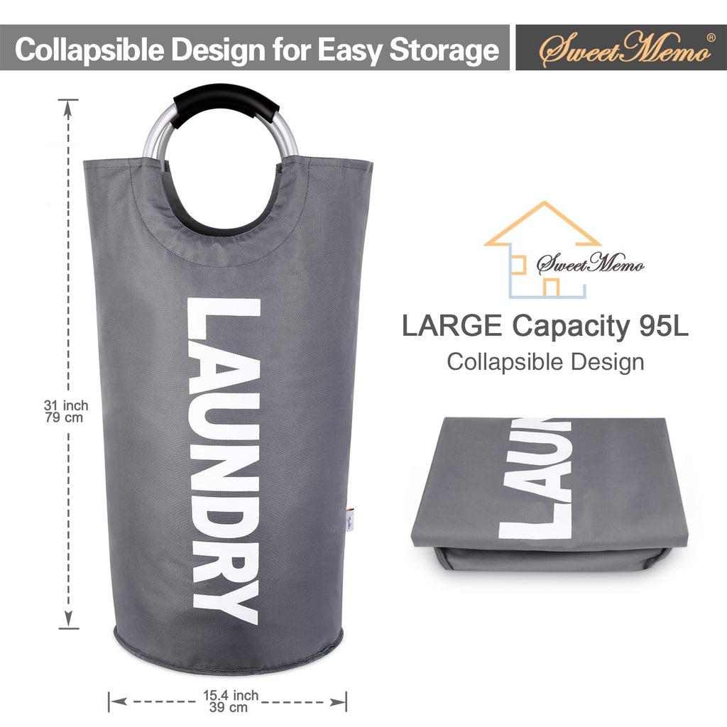 2-Pack Large Laundry Basket, Laundry Hamper Bag with Handles, 95L Dark Grey