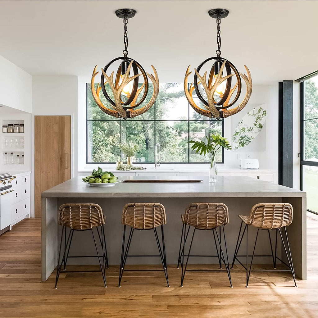 Rustic Antler Chandelier with Resin 4 Antlers and Retro Globe Light Fixture