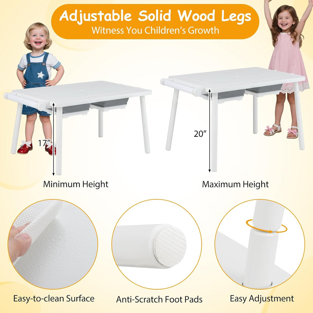 Sensory Table and Chair Set, Wooden Sand & Water Activity Set w/Paper Roll, Blackboard & Whiteboard, Building Block