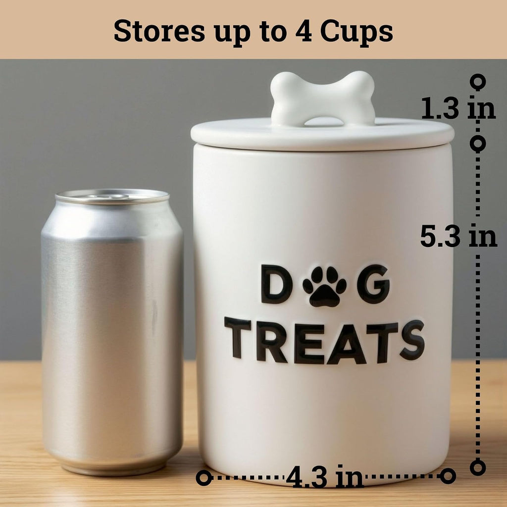 Ceramic Dog Treat Container Airtight - Ceramic Lid - 4 Cups - 4.3"W x 6.6"H