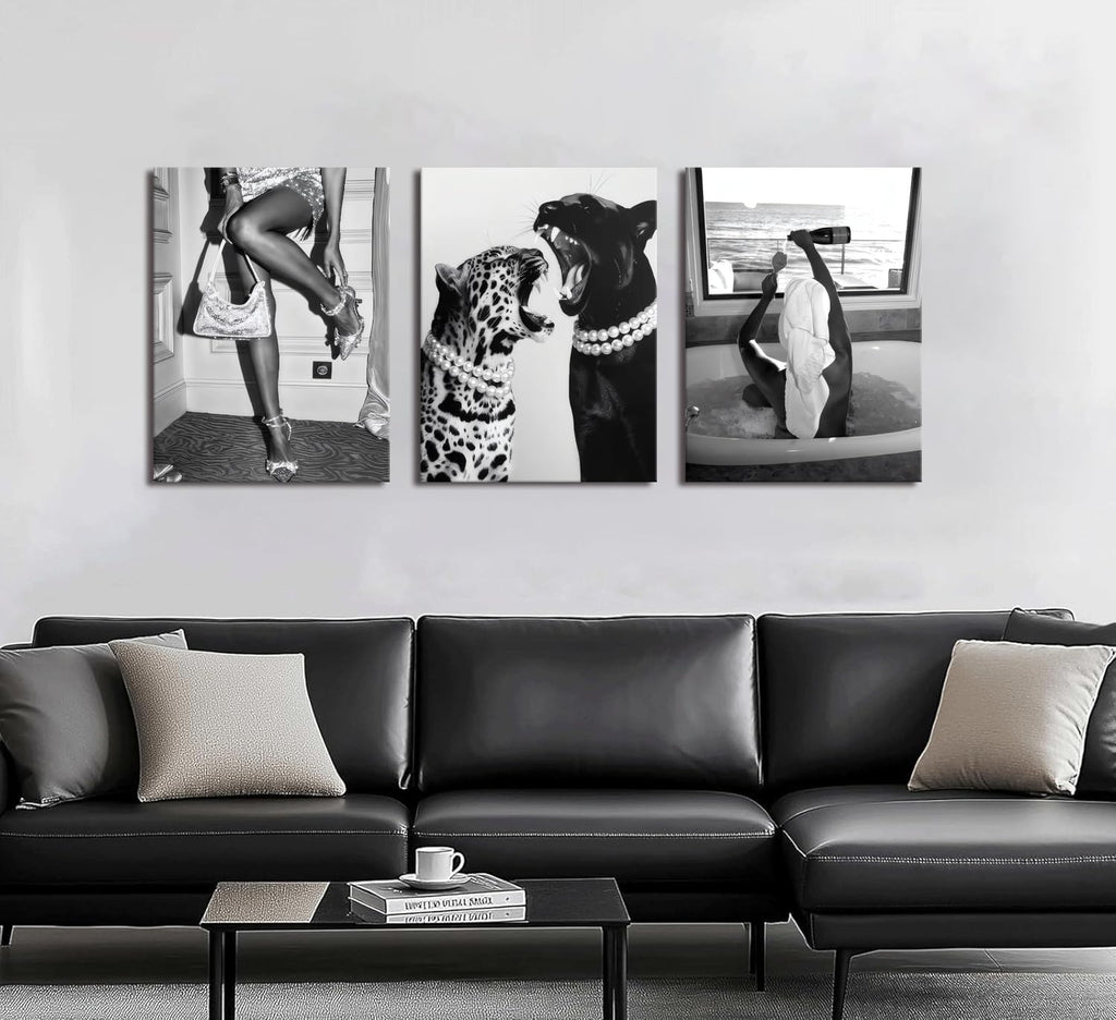 Bathroom Fashion Leopard Print Black and White Canvas Wall Art Trendy Women Posters Paintings Luxury Feminist