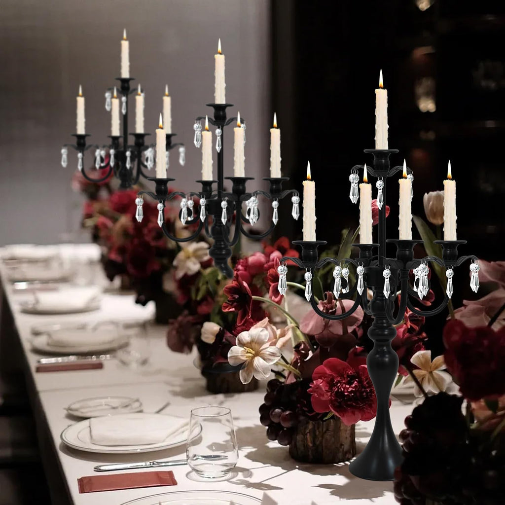 5 Arm Black Candelabra Centerpiece for Table, 20.3” Tall Metal Candlestick Candle Holder for Taper Candles, Gothic