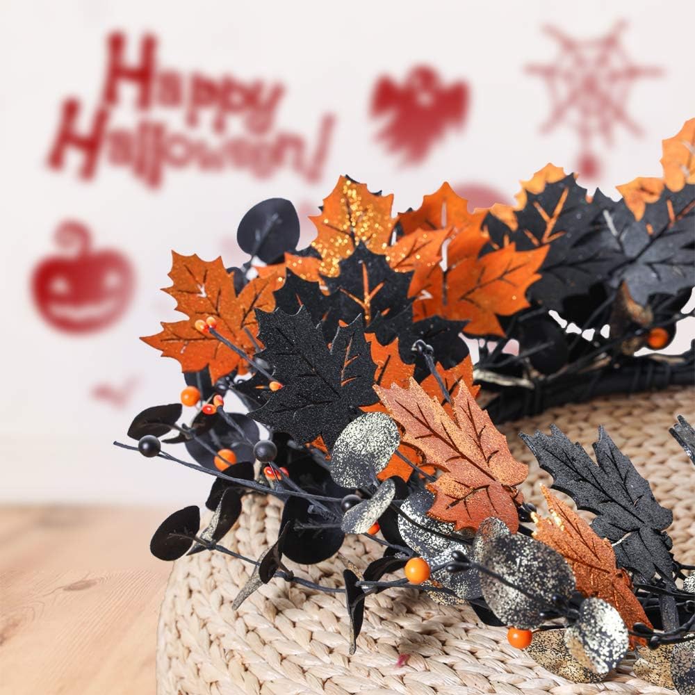 20" Halloween Wreath for Front Door, Golden and Black Maple Leaves