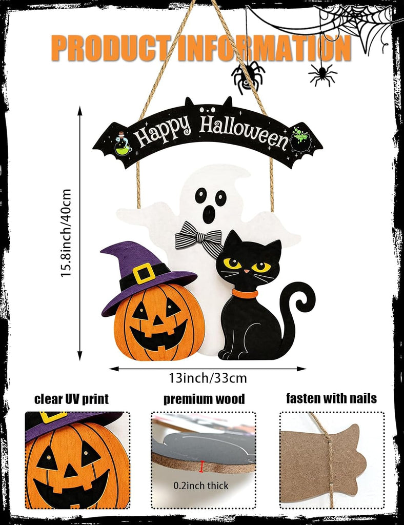 Halloween Wreaths for Front Door Welcome Sign for Happy Halloween Wall Decorations Wooden Boo Ghost Black Cat Pumpkin