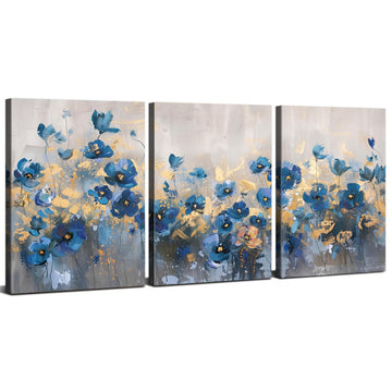Abstract Blue Flower Wall Art Navy Blue and Gold Floral Wall Decor Modern Gold Blue Wildflower Canvas Prints Decor