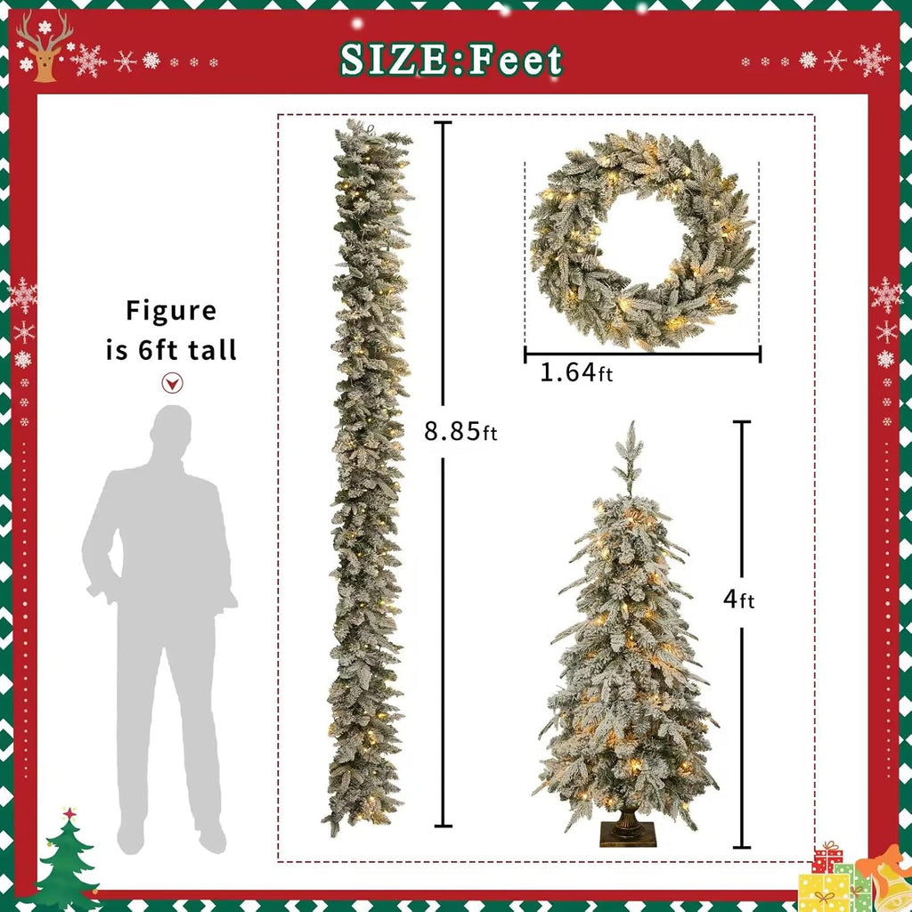 Pre-lit Christmas Artificial Tree 4-Piece Set, Garland, Wreath and Set of 2 Entrance Trees, X-mas with LED Lights
