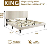 King Bed Frame with Velvet Upholstered Headboard, Platform Bed with Strong Wood Slats, Mattress Foundation