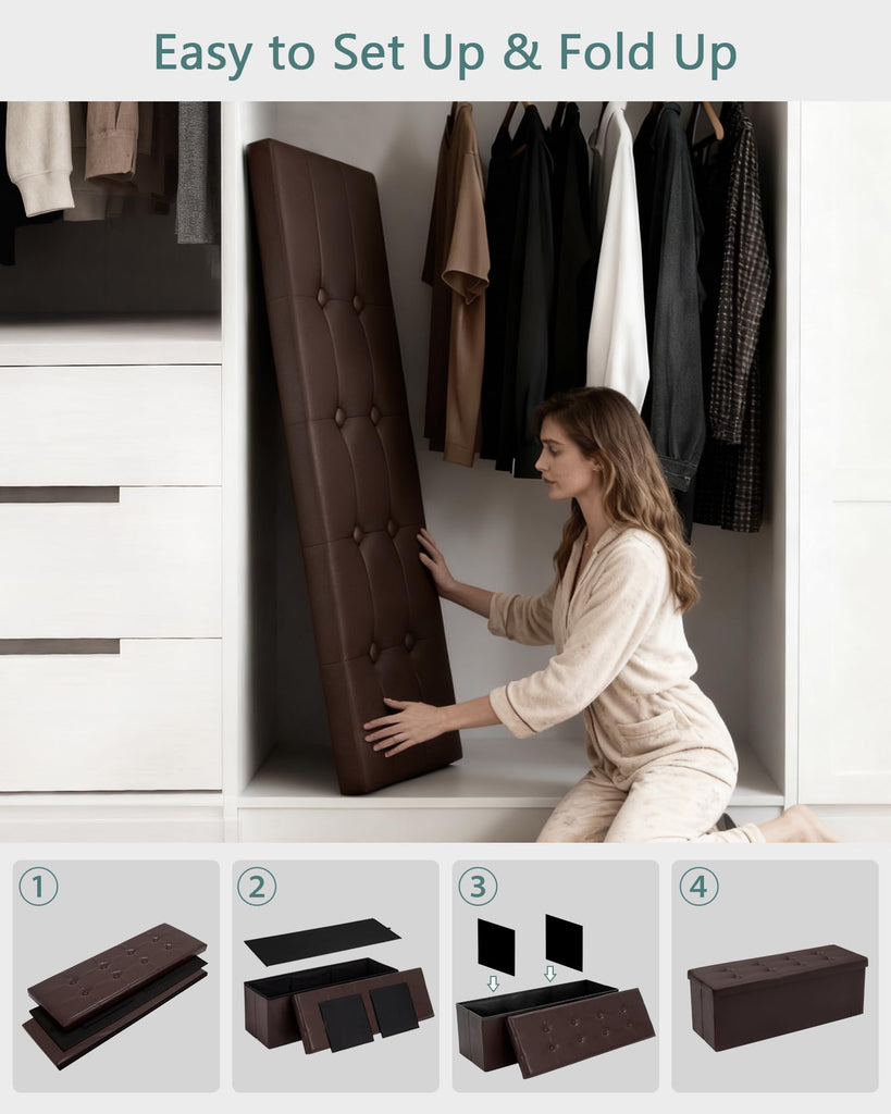 43" Storage Ottoman Bench, Folding Faux Leather Chest, Brown