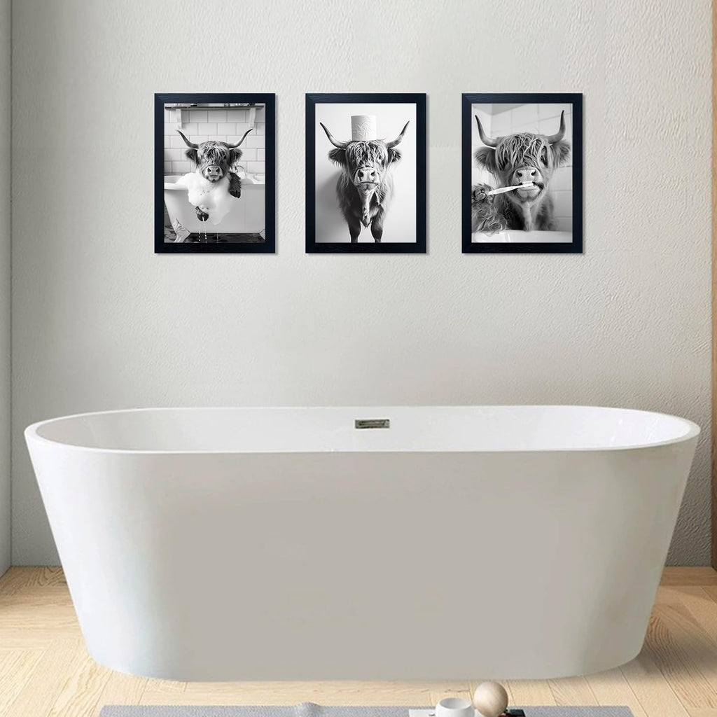 Highland Cow Bathroom Decor Framed Wall Art Farmhouse Black and White 3pcs Funny Animal In Toilet Picture Prints Cute