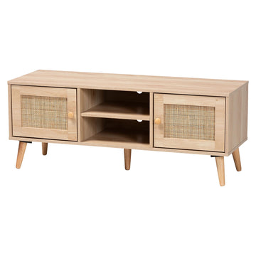 Sebille Mid-Century Modern Light Brown Finished Wood 2-Door TV Stand with Natural Rattan