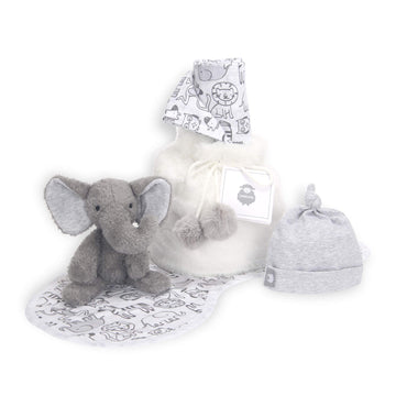 5 Piece Gray/White Plush Infant/Newborn Baby Gift Bag w/Swaddle