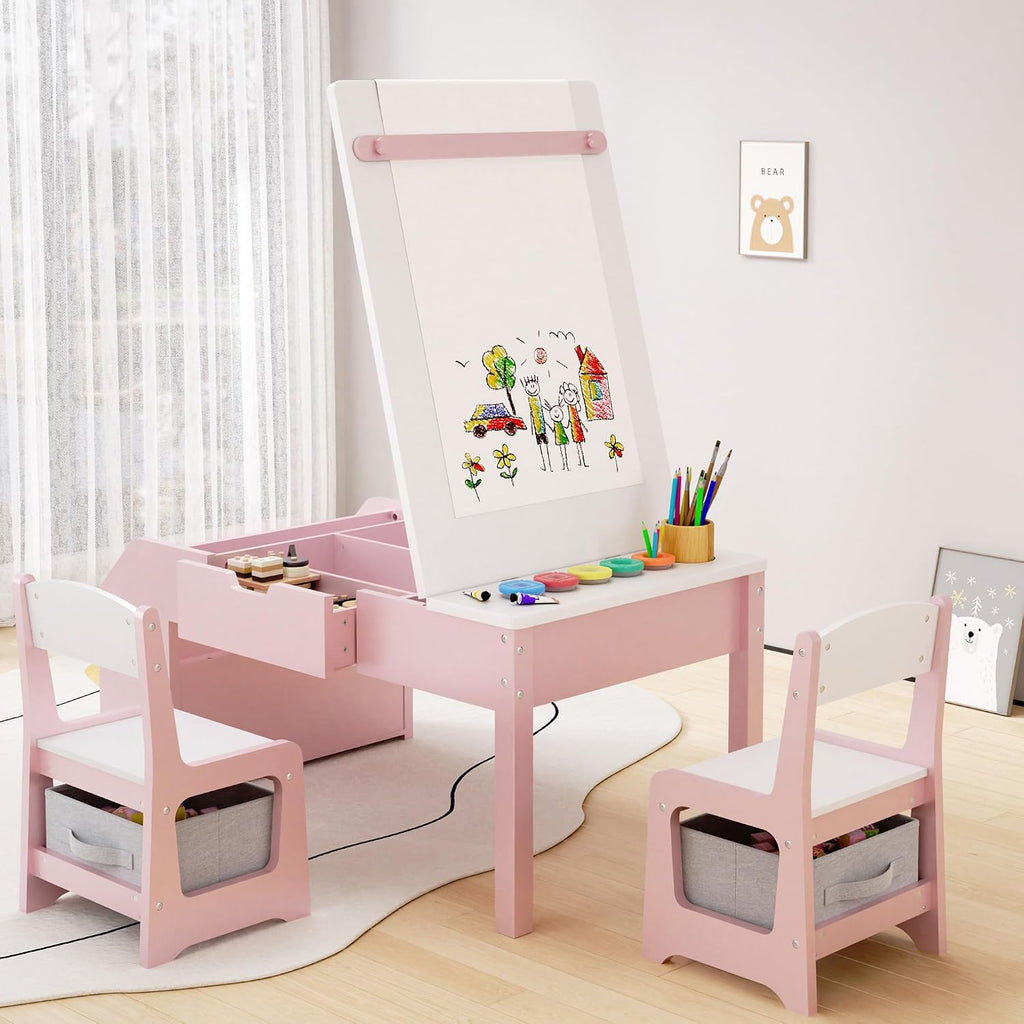 In-1 Kids Art Table and Chairs, Wood Toddler Table and Chair Set with Storage Drawers, Craft Play Desk for Kids