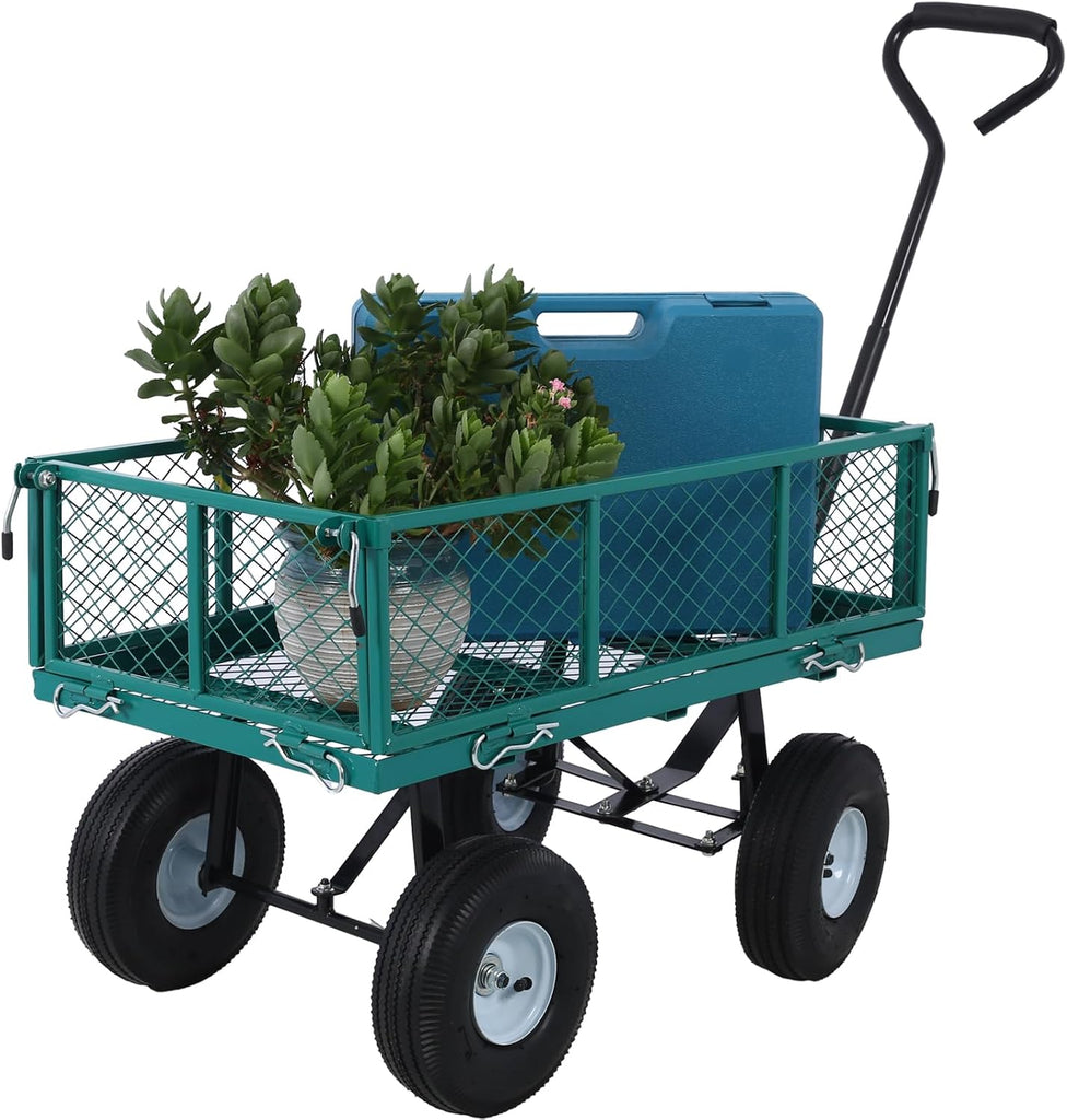Heavy Duty Steel Garden Cart, 550 Lbs Yard and Garden Wagon, 10" Pneumatic Tires, Removable Mesh Sides Convert to