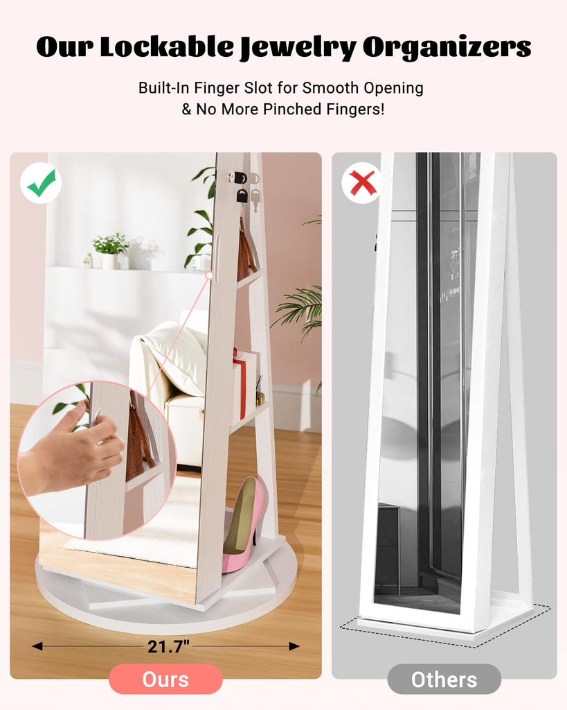LED Jewelry Cabinet Standing with Frameless Full-Length Mirror, White