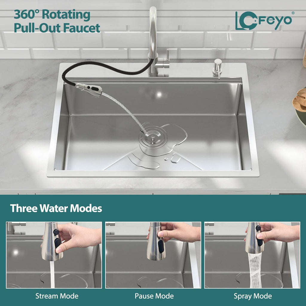 30x22 Inch Drop Sink with Pull-Out Faucet Combo Handmade Large Single Bowl 16 Gauge T304 Stainless Steel Modern Deep