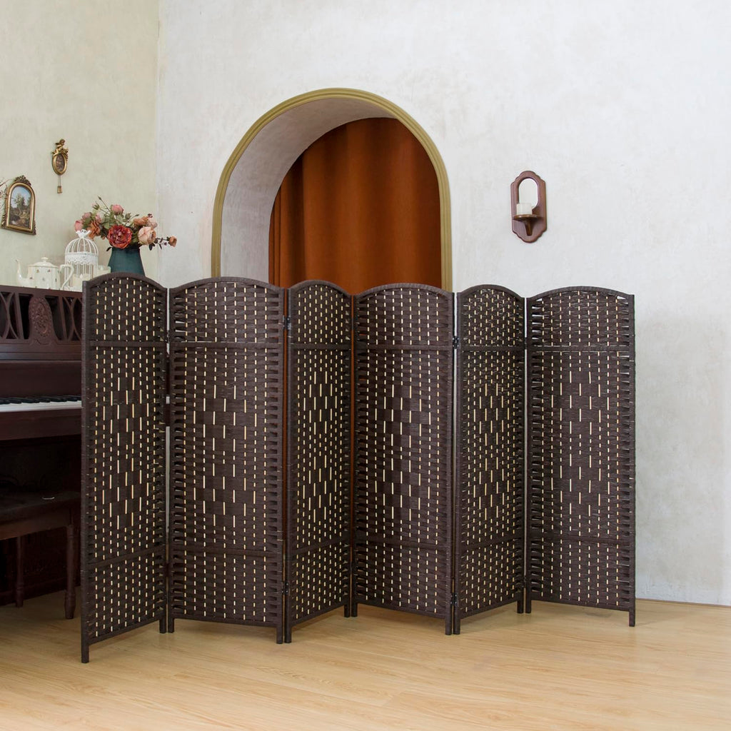 Compact 6 Panel Short Room Divider, 47.2 Inch Tall Double-Sided Rattan Folding Privacy Screen, Dark Brown