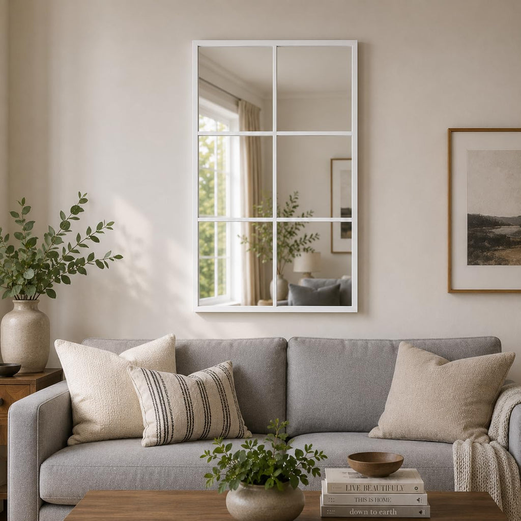Wall Mounted Mirror, 30"x20" Rectangular Window Pane Mirror (White)